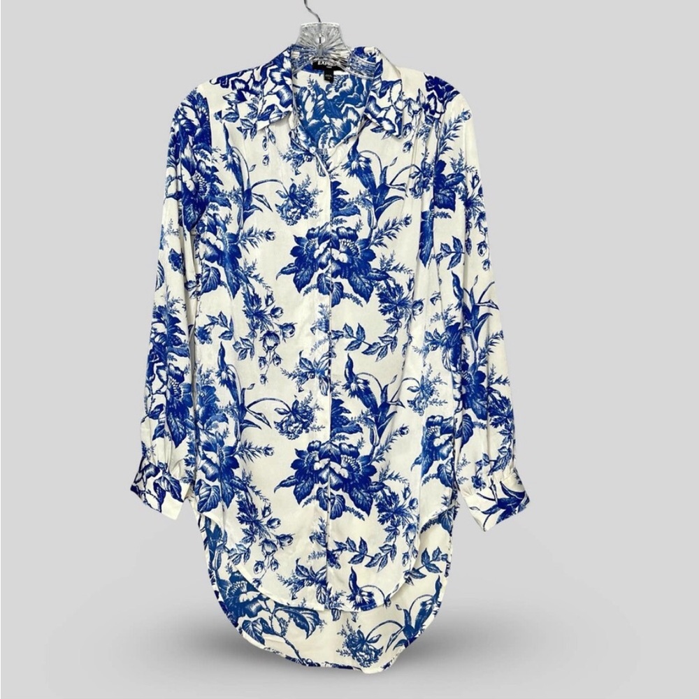 EXPRESS Tunic Cream and Blue Button Up Long Sleeve